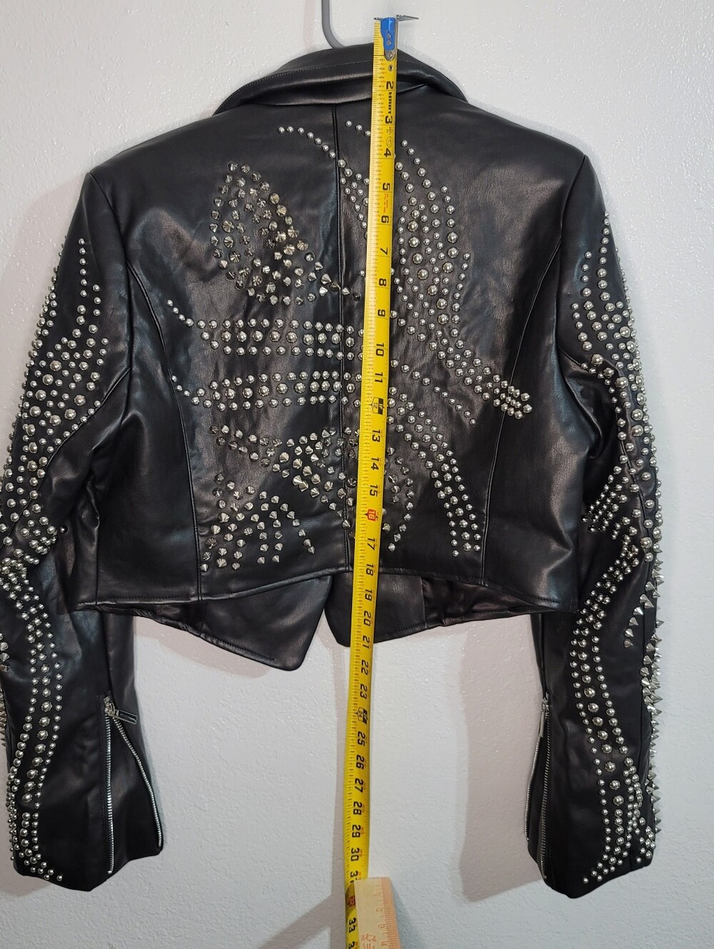 AKIRA Black Studded Faux Leather Cropped Moto Jacket Size L Punk Rock Glam NWOT - Picture 12 of 12